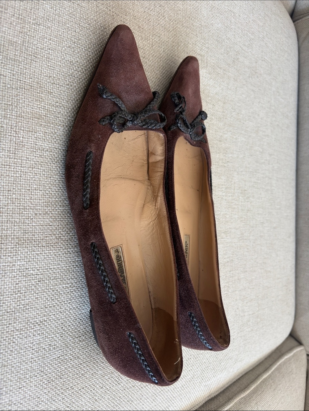 Manolo Blahnik Dark Brown Suede Pointed-Toe Flats with Braided Trim - Picture 3 of 9